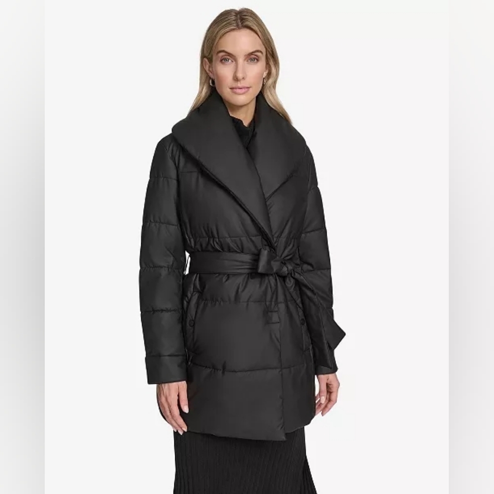 Andrew Marc Adela Faux Leather Puffer Coat Black Belted L